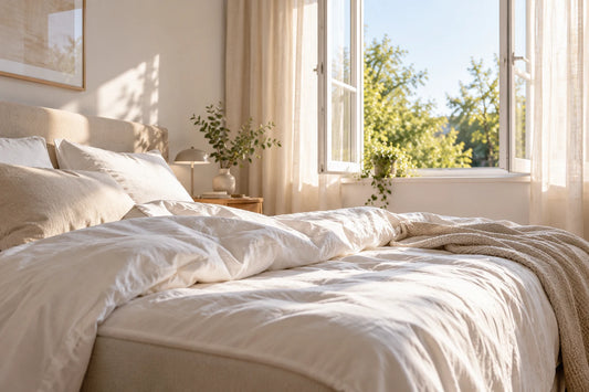 Helles Schlafzimmer mit zurückgeschlagener Bettdecke und geöffnetem Fenster am Morgen.