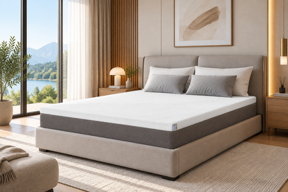 Digital erstelltes Lifestyle-Bild: Lunessa Morpho Topper auf einem Bett in einem hellen Schlafzimmer
