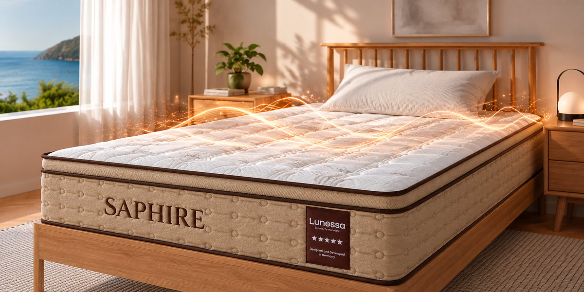 Matratze mit der Aufschrift Saphire auf einem Bett in einem Schlafzimmer, orangefarbene Linien über der Oberfläche