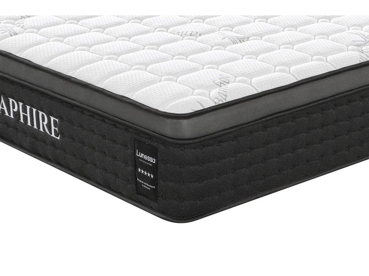 Lunessa Saphire Hybridmatratze in Anthracite, Nahaufnahme der Euro-Top-Ecke mit Lunessa-Etikett