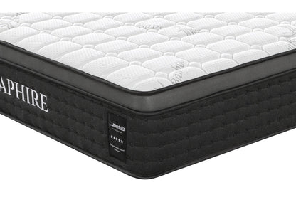 Lunessa Saphire Hybridmatratze in Anthracite, Nahaufnahme der Euro-Top-Ecke mit Lunessa-Etikett