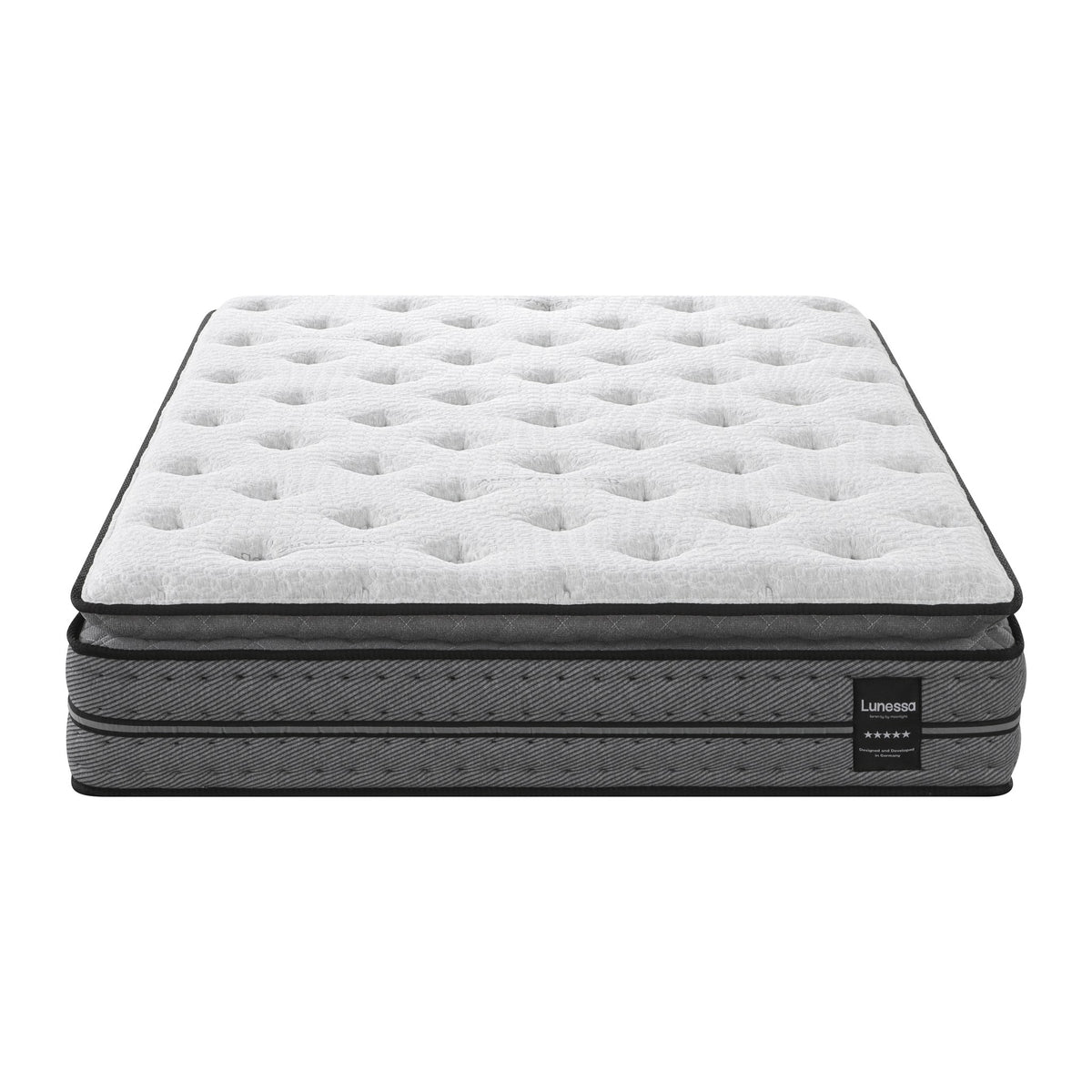 Lunessa Zenith Hybridmatratze in Anthracite, Frontansicht mit Lunessa-Etikett und Pillow-Top